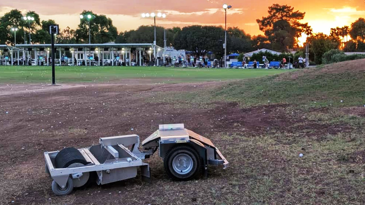 Relox Robotics Range Picker collecting golf balls at Dobson Ranch at night