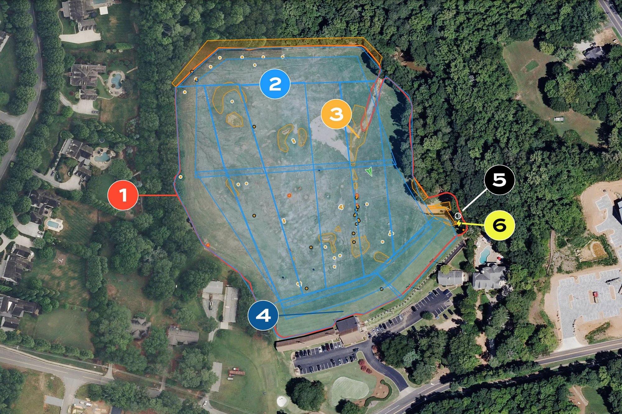 Annotated aerial map of a driving range showing the Range Picker’s virtual boundary, picking areas, obstacle areas, slow zone, drop-off point, and charging station.